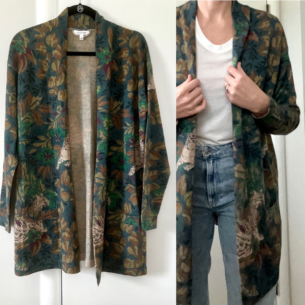 Johnny Was Pantara Cardigan Sweater Wool Cashmere Boho Jungle Pattern, size M
